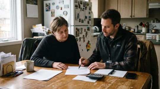 Un conseiller pointe une ligne d'un contrat pendant qu'un propriétaire, calculator à la main, hésite à signer dans une cuisine canadienne.