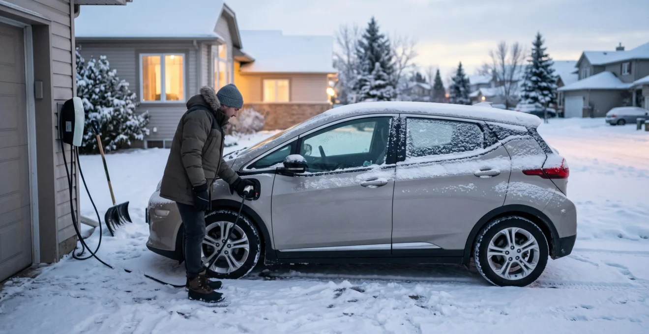Une personne branche le câble de recharge sur une voiture électrique recouverte de neige dans une allée résidentielle canadienne un matin d'hiver.