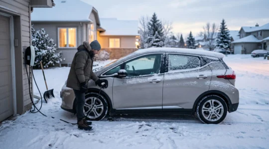Une personne branche le câble de recharge sur une voiture électrique recouverte de neige dans une allée résidentielle canadienne un matin d'hiver.