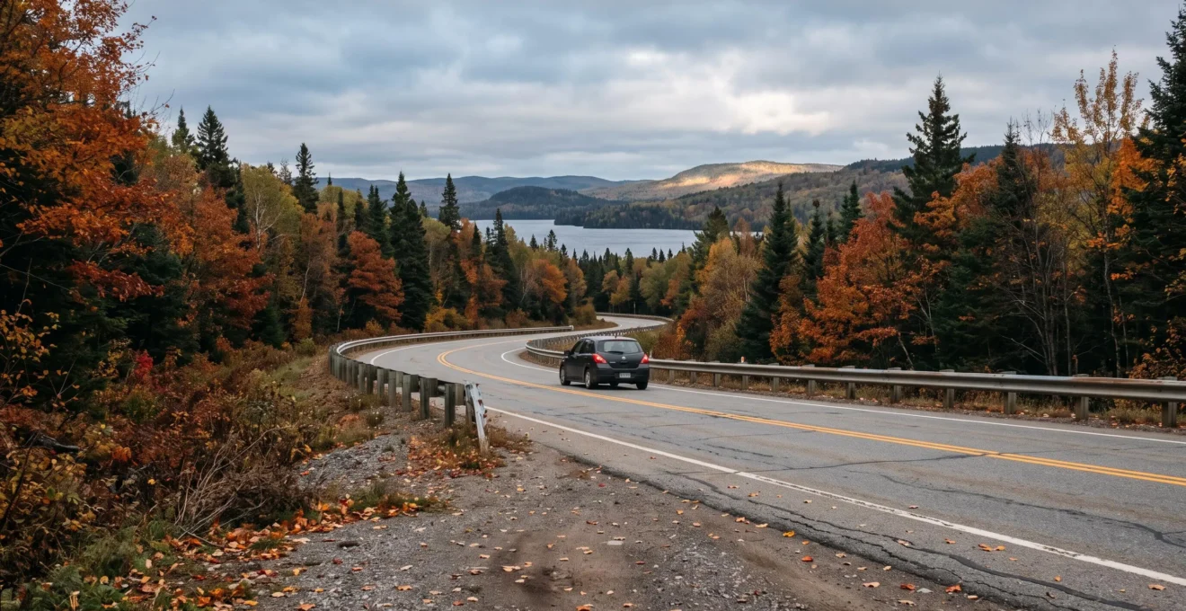 Une voiture circule sur une route panoramique sinueuse bordée d'érables aux couleurs d'automne, avec un grand lac canadien en arrière-plan.