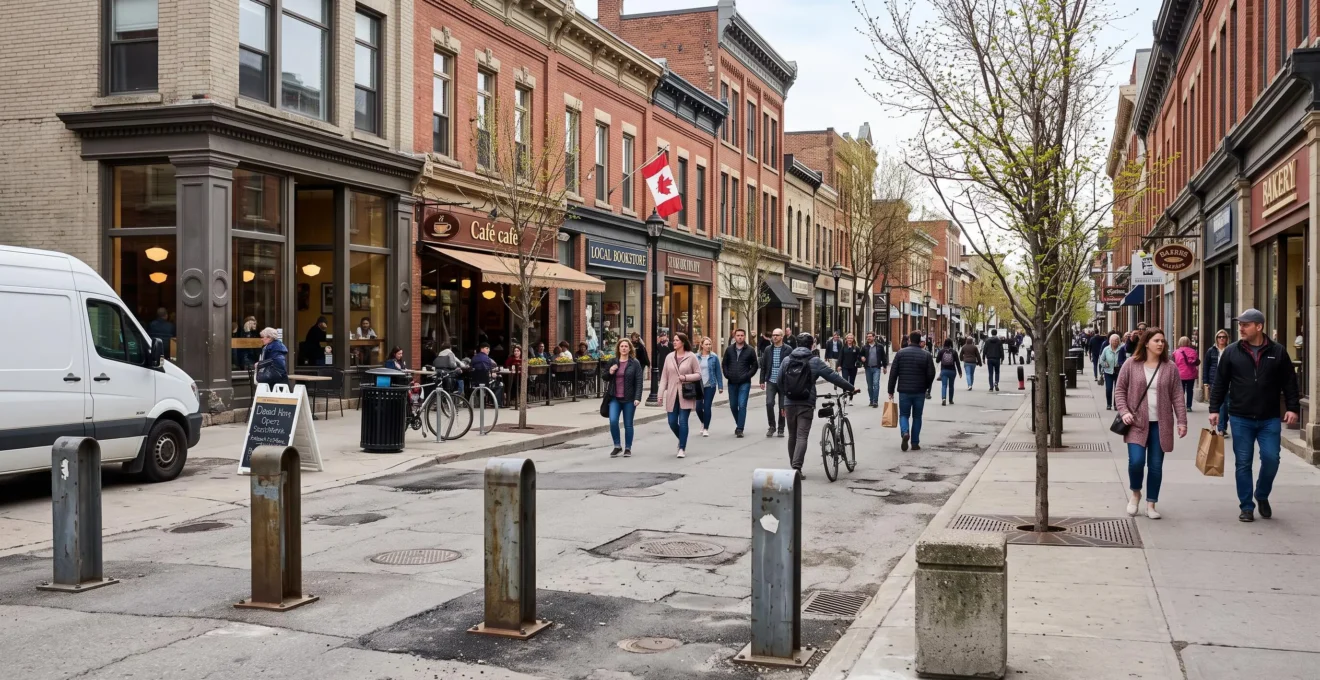 Une rue commerçante piétonne animée au centre-ville canadien, avec des piétons, des terrasses et des bornes fermant la circulation automobile.