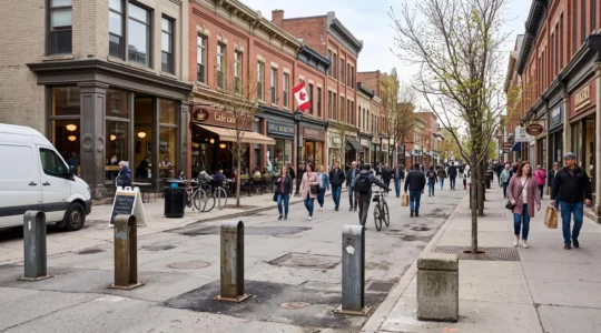 Une rue commerçante piétonne animée au centre-ville canadien, avec des piétons, des terrasses et des bornes fermant la circulation automobile.