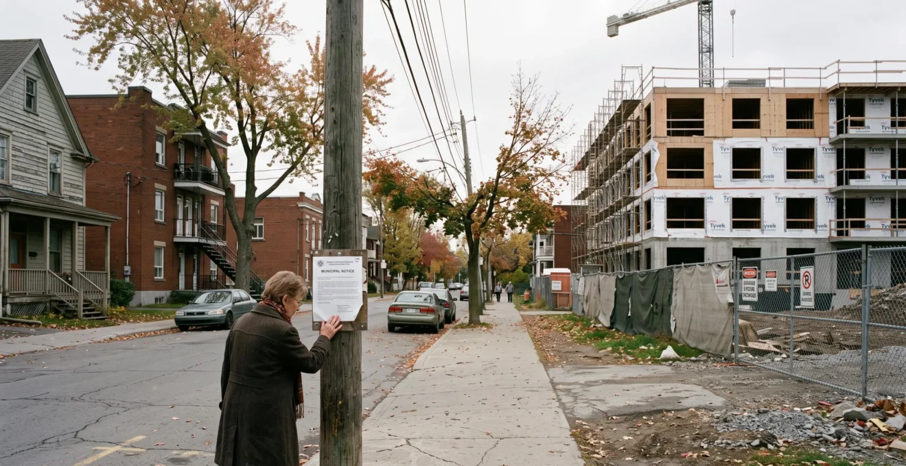 Une passante lit un avis affiché sur un poteau utilitaire d'une rue résidentielle canadienne, avec en arrière-plan un chantier de logements inachevé sous ciel couvert.