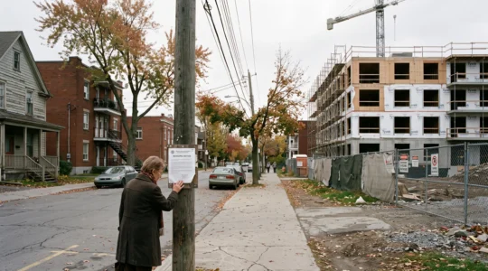 Une passante lit un avis affiché sur un poteau utilitaire d'une rue résidentielle canadienne, avec en arrière-plan un chantier de logements inachevé sous ciel couvert.