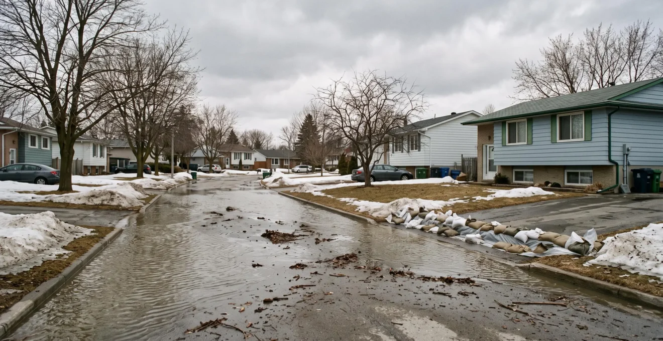 Une rue résidentielle canadienne partiellement inondée par l'eau de fonte printanière, avec des sacs de sable devant une entrée de maison.