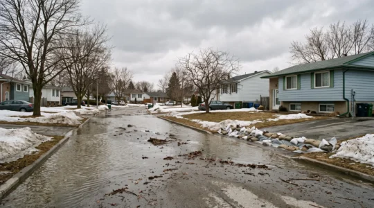Une rue résidentielle canadienne partiellement inondée par l'eau de fonte printanière, avec des sacs de sable devant une entrée de maison.