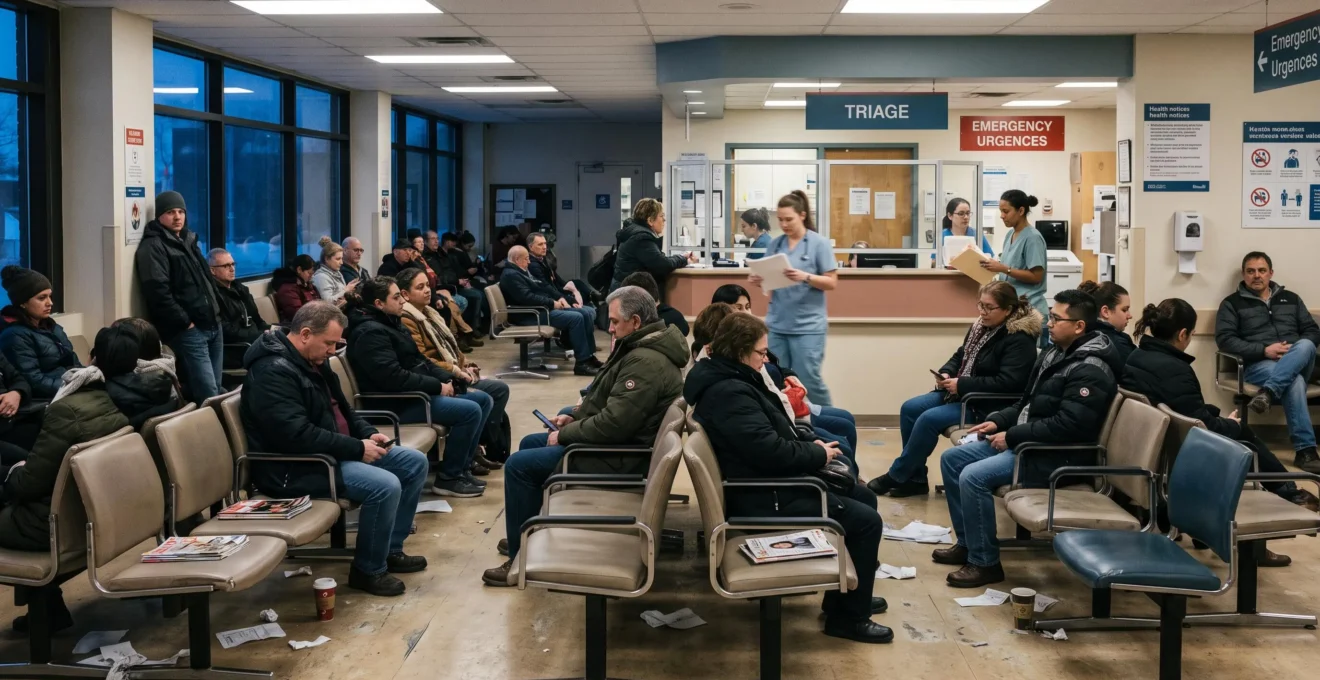 Une salle d'attente d'urgence bondée avec des patients assis depuis longtemps et un poste de triage occupé en arrière-plan.