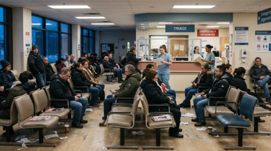 Une salle d'attente d'urgence bondée avec des patients assis depuis longtemps et un poste de triage occupé en arrière-plan.