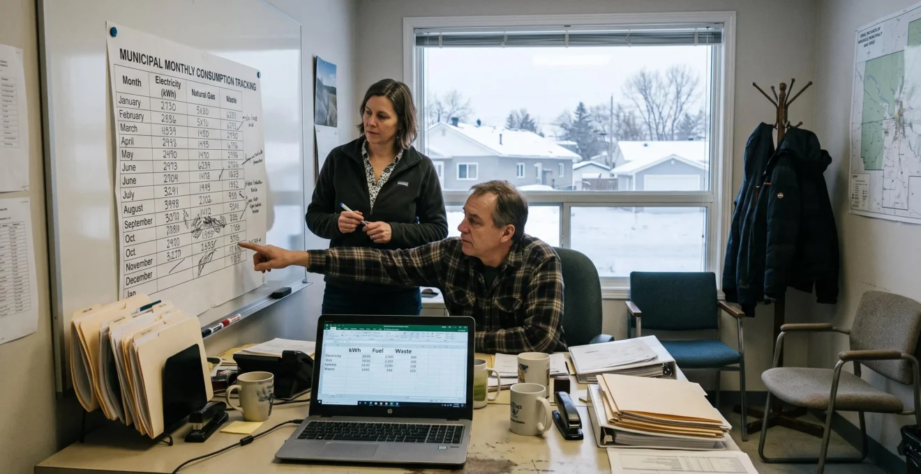 Deux employés municipaux comparent les chiffres de consommation d'énergie consignés sur un tableau de suivi mensuel dans un bureau canadien en hiver.