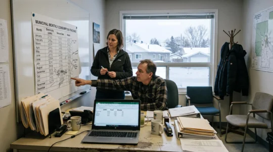 Deux employés municipaux comparent les chiffres de consommation d'énergie consignés sur un tableau de suivi mensuel dans un bureau canadien en hiver.
