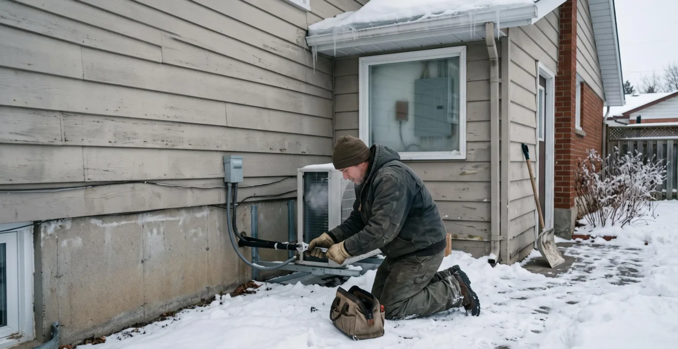 Un technicien installe une thermopompe extérieure contre le mur d'une maison canadienne en hiver.