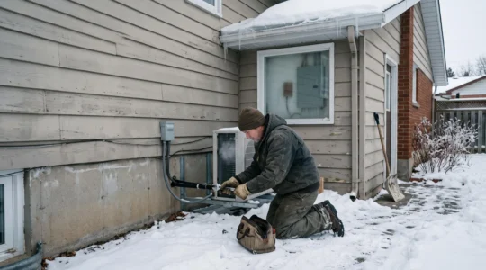 Un technicien installe une thermopompe extérieure contre le mur d'une maison canadienne en hiver.