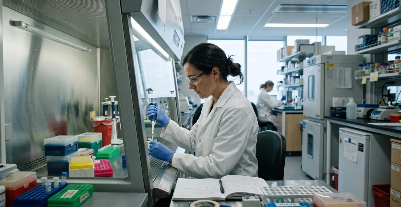 Une technicienne de laboratoire prélève un échantillon à la micropipette dans un laboratoire de biotechnologie au Canada.