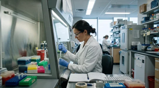 Une technicienne de laboratoire prélève un échantillon à la micropipette dans un laboratoire de biotechnologie au Canada.