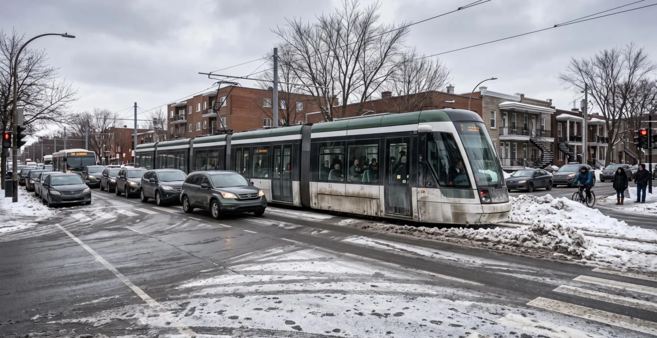 Un tramway bloqué dans la circulation automobile à une intersection en hiver, partageant la voie avec les voitures sans site propre.