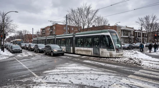 Un tramway bloqué dans la circulation automobile à une intersection en hiver, partageant la voie avec les voitures sans site propre.