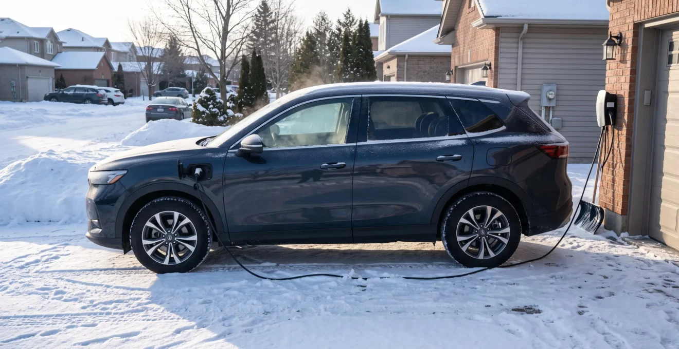 Un VUS électrique branché à une borne murale dans une entrée d'allée enneigée par un matin d'hiver au Canada.