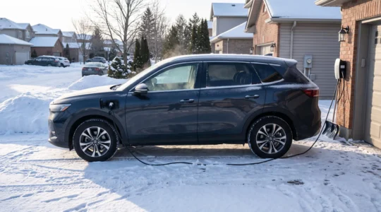 Un VUS électrique branché à une borne murale dans une entrée d'allée enneigée par un matin d'hiver au Canada.