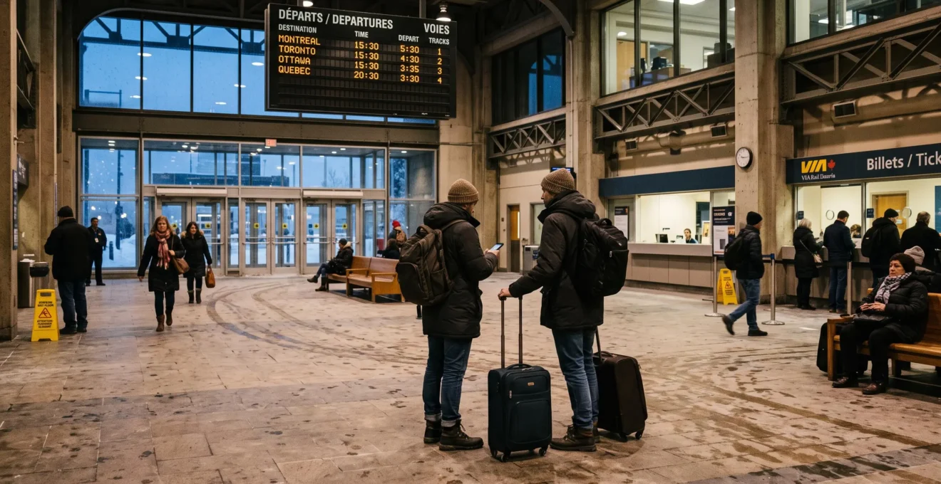 Un voyageur avec une valise consulte son horaire dans un grand hall de gare canadienne en hiver.