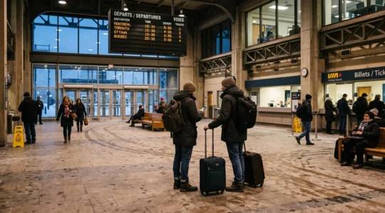 Un voyageur avec une valise consulte son horaire dans un grand hall de gare canadienne en hiver.